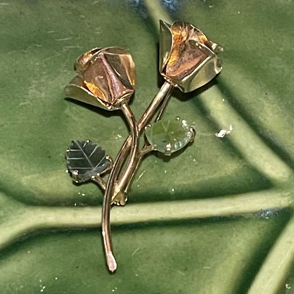 Vintage Gold Rose Brooch with Genuine Jadeite Gemstone Leaves